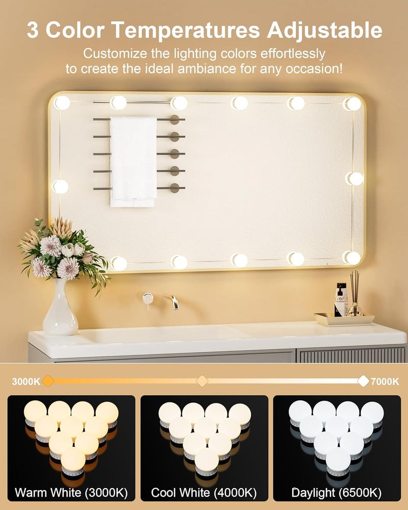Yarnock 14 Bulbs LED Vanity Lights for Mirror, 3000K 4000K 6500K & 10-Brightness, Wire Length Adjustable, USB Cable, Hollywood Mirror Lights for Makeup Dressing Room Bathroom, White - Image 3